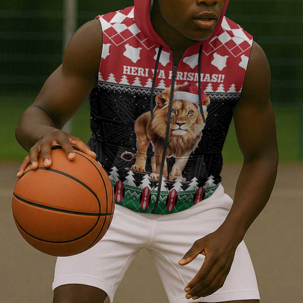 Personalized Kenya Christmas Sleeveless Zip Hoodie Lion Santa - Heri Ya Krismasi! - African Pride
