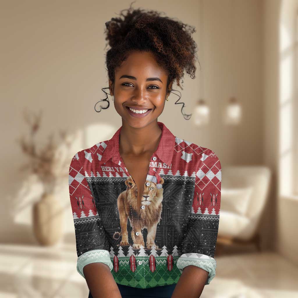 Personalized Kenya Christmas Women Casual Shirt Lion Santa - Heri Ya Krismasi!