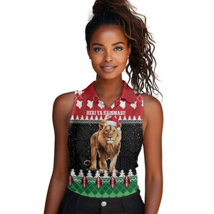 Personalized Kenya Christmas Women Sleeveless Polo Shirt Lion Santa - Heri Ya Krismasi!