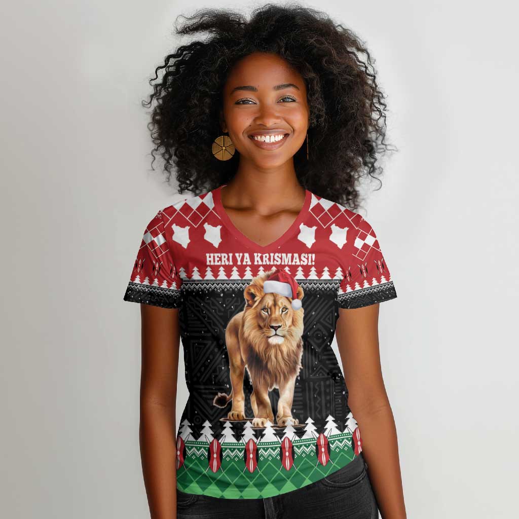 Personalized Kenya Christmas Women V-Neck T-Shirt Lion Santa - Heri Ya Krismasi!