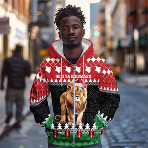 Personalized Kenya Christmas Zip Hoodie Lion Santa - Heri Ya Krismasi!