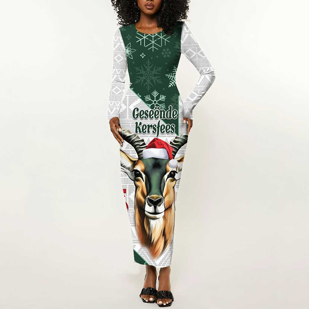 South Africa Springboks Christmas Long Sleeve Bodycon Dress Bokke Santa - Geseende Kersfees