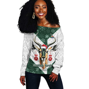 South Africa Springboks Christmas Off Shoulder Sweater Bokke Santa - Geseende Kersfees