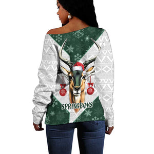 South Africa Springboks Christmas Off Shoulder Sweater Bokke Santa - Geseende Kersfees