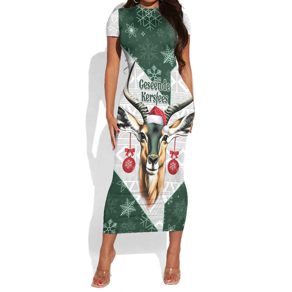 South Africa Springboks Christmas Short Sleeve Bodycon Dress Bokke Santa - Geseende Kersfees