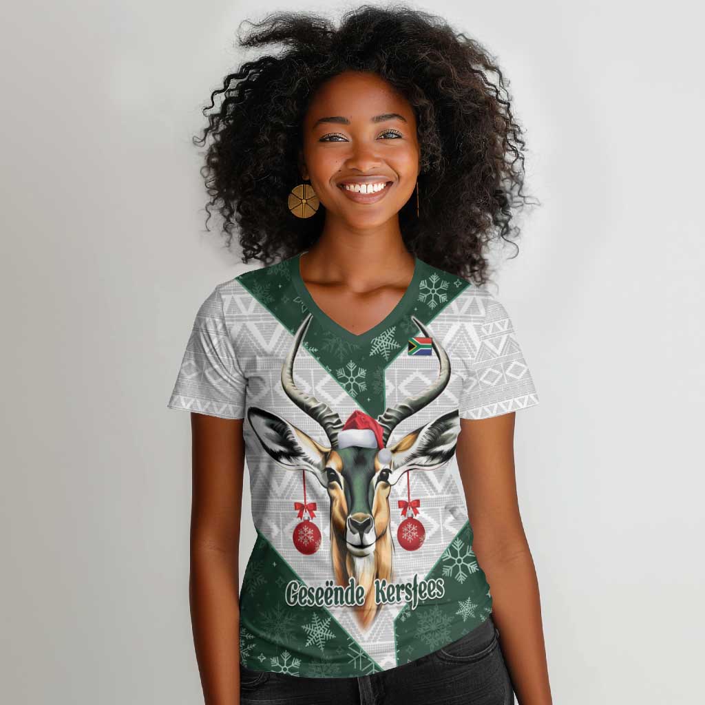 South Africa Springboks Christmas Women V-Neck T-Shirt Bokke Santa - Geseende Kersfees