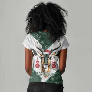 South Africa Springboks Christmas Women V-Neck T-Shirt Bokke Santa - Geseende Kersfees