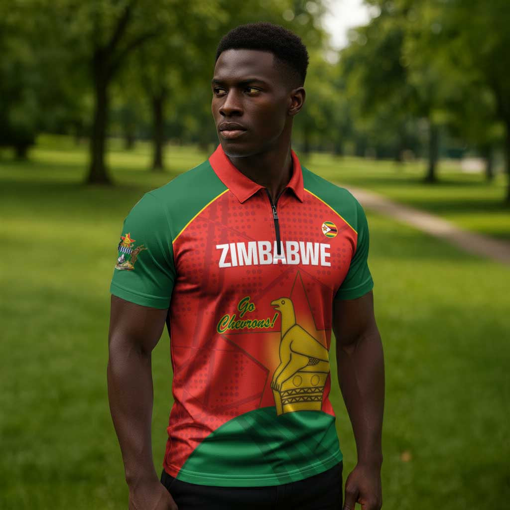 Custom Zimbabwe Cricket Zipper Polo Shirt Go Chevrons 2003 Color Version