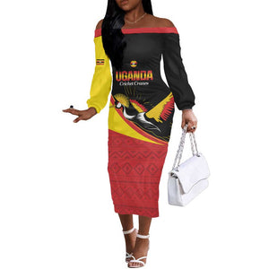 Afro Cricket Uganda Custom Off The Shoulder Long Sleeve Dress Go Cranes African Pattern - African Pride