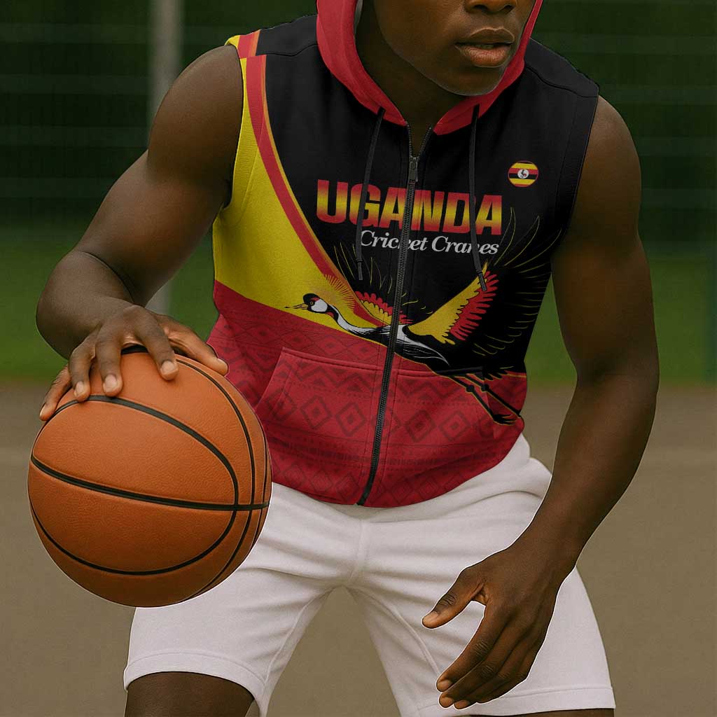 Afro Cricket Uganda Custom Sleeveless Zip Hoodie Go Cranes African Pattern - African Pride