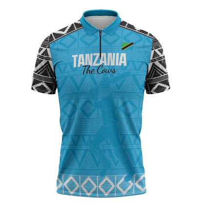 Custom Tanzania Cricket Zipper Polo Shirt Go Cows Sporty African Pattern