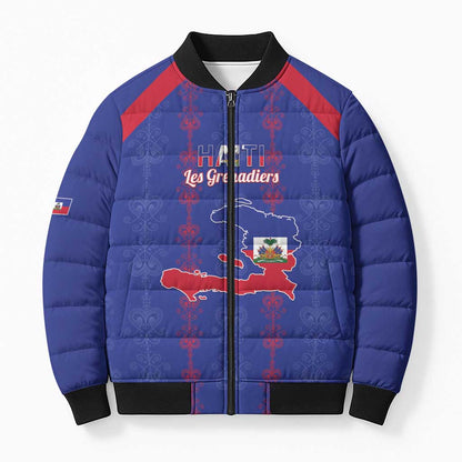 Custom Haiti Football Bomber Puffer Jacket Les Grenadiers Veve Vodou Blue