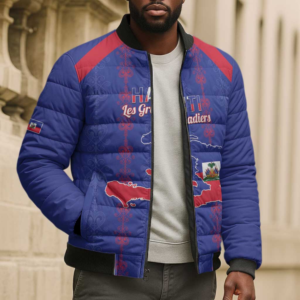 Custom Haiti Football Bomber Puffer Jacket Les Grenadiers Veve Vodou Blue