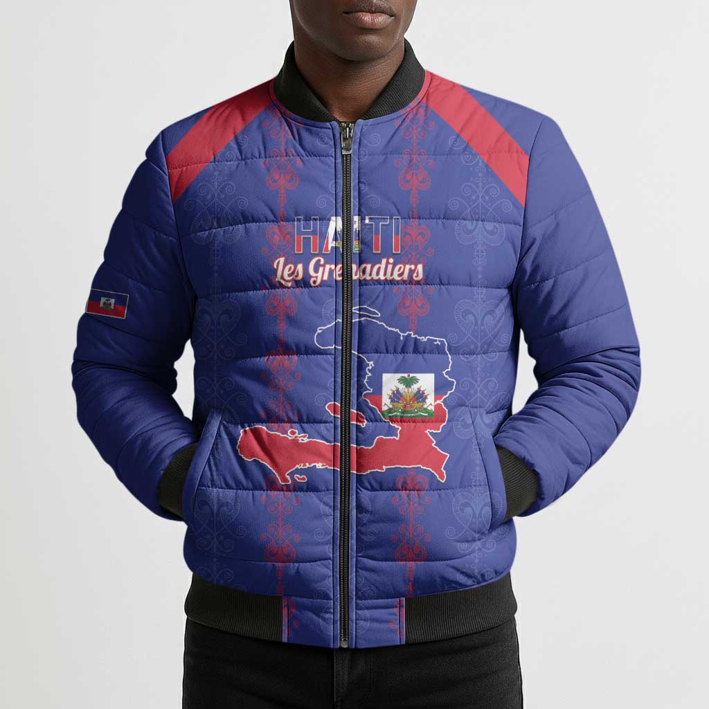 Custom Haiti Football Bomber Puffer Jacket Les Grenadiers Veve Vodou Blue