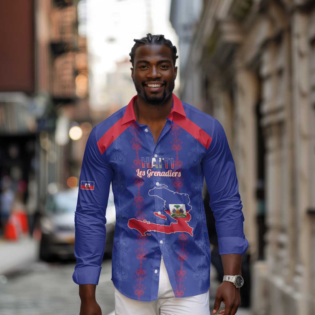 Custom Haiti Football Long Sleeve Button Shirt Les Grenadiers Veve Vodou Blue - African Pride
