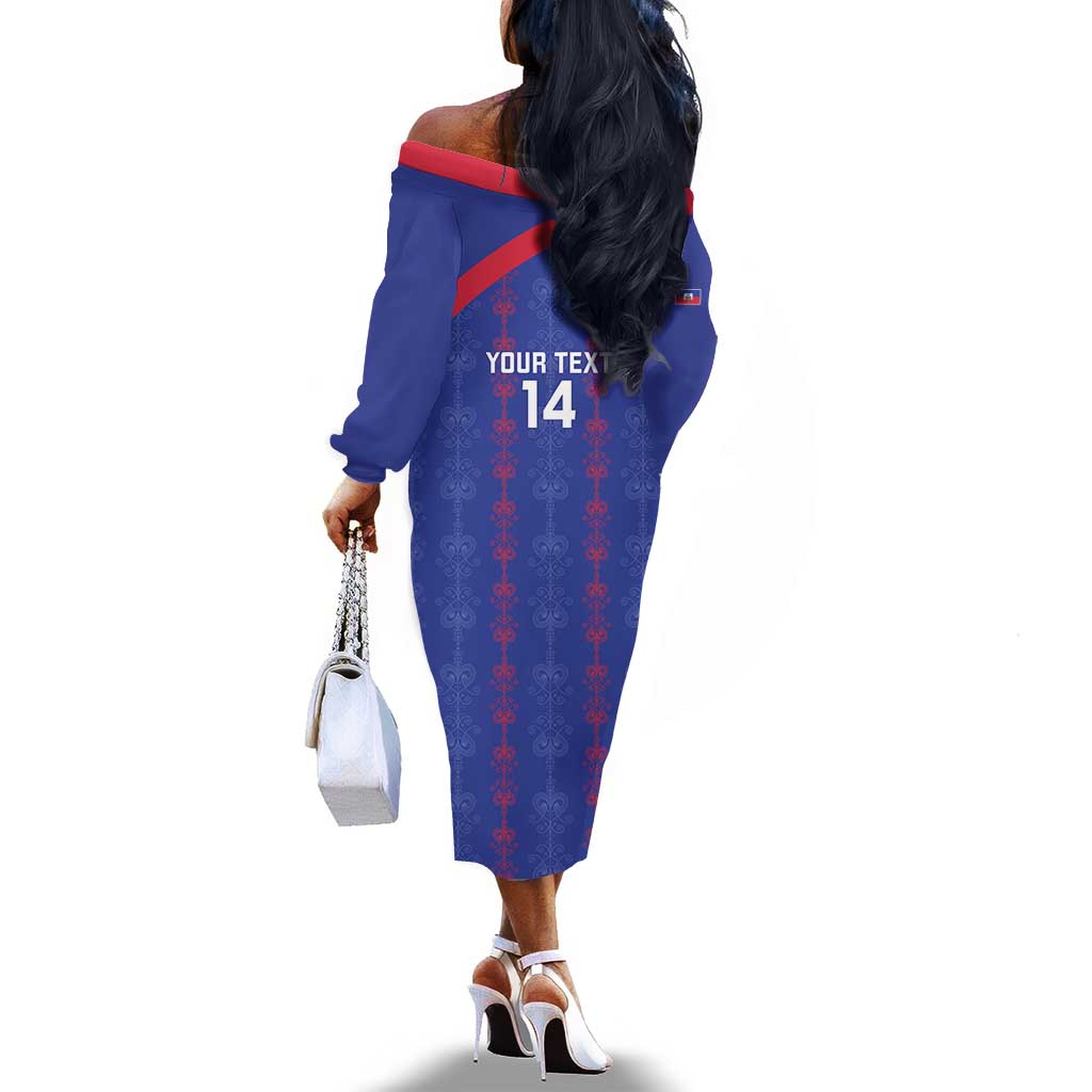 Custom Haiti Football Off The Shoulder Long Sleeve Dress Les Grenadiers Veve Vodou Blue - African Pride