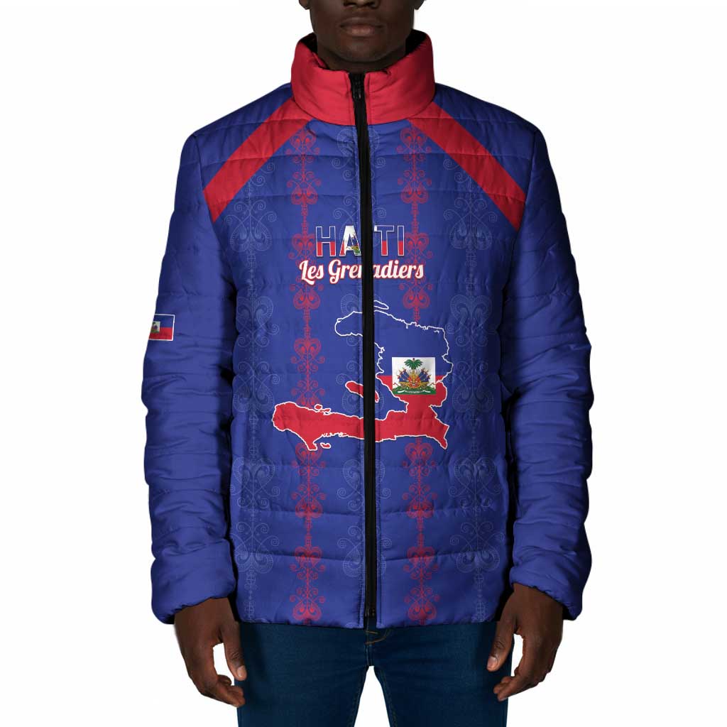 Custom Haiti Football Padded Jacket Les Grenadiers Veve Vodou Blue