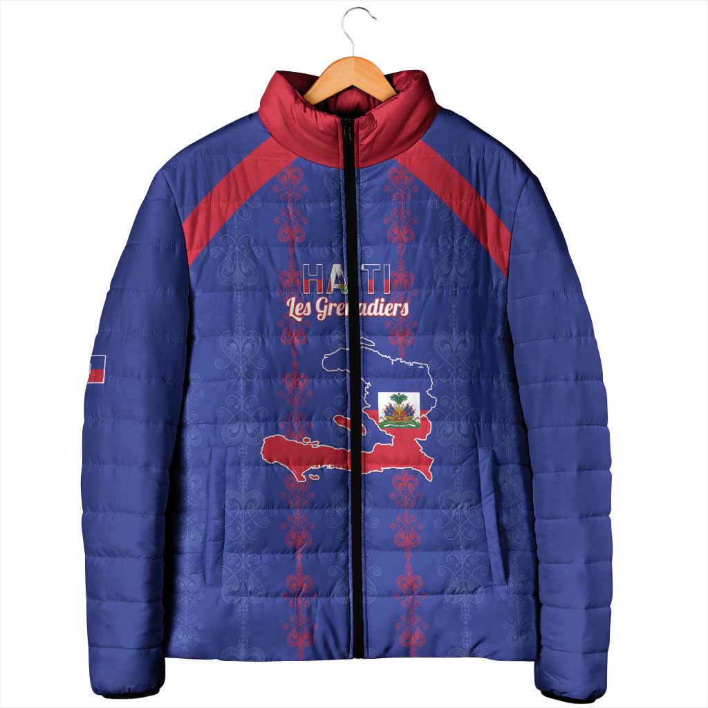 Custom Haiti Football Padded Jacket Les Grenadiers Veve Vodou Blue