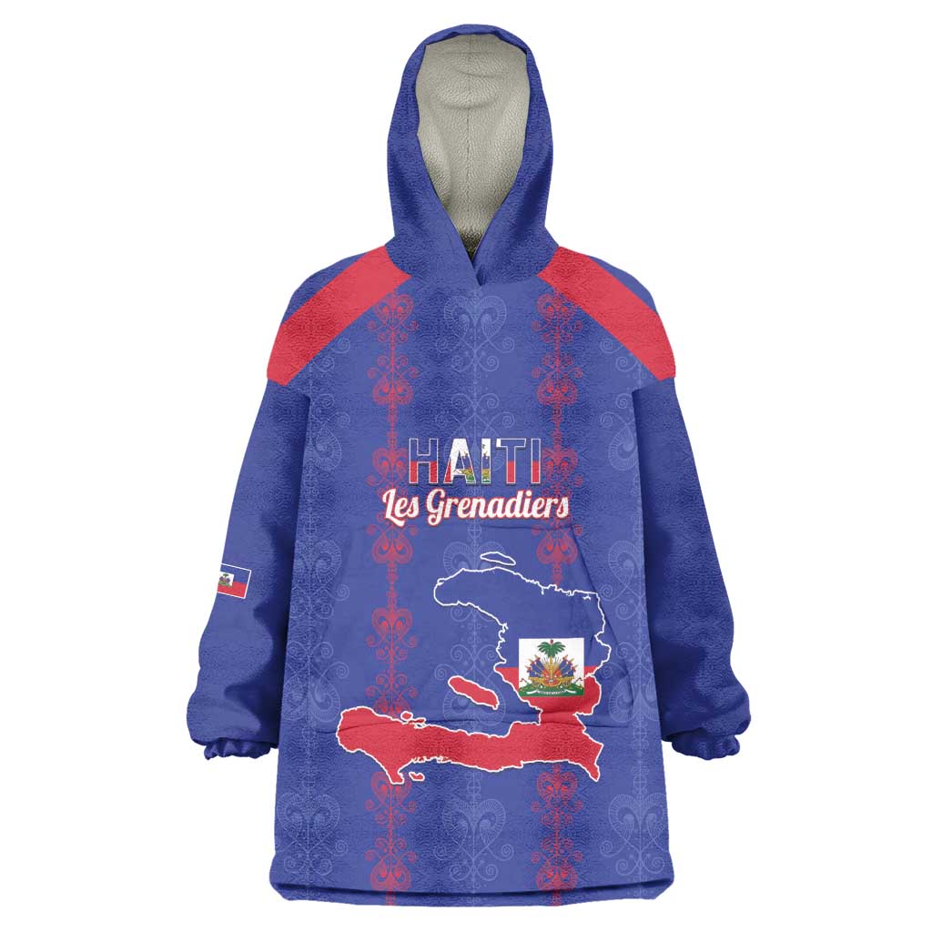 Custom Haiti Football Wearable Blanket Hoodie Les Grenadiers Veve Vodou Blue - African Pride
