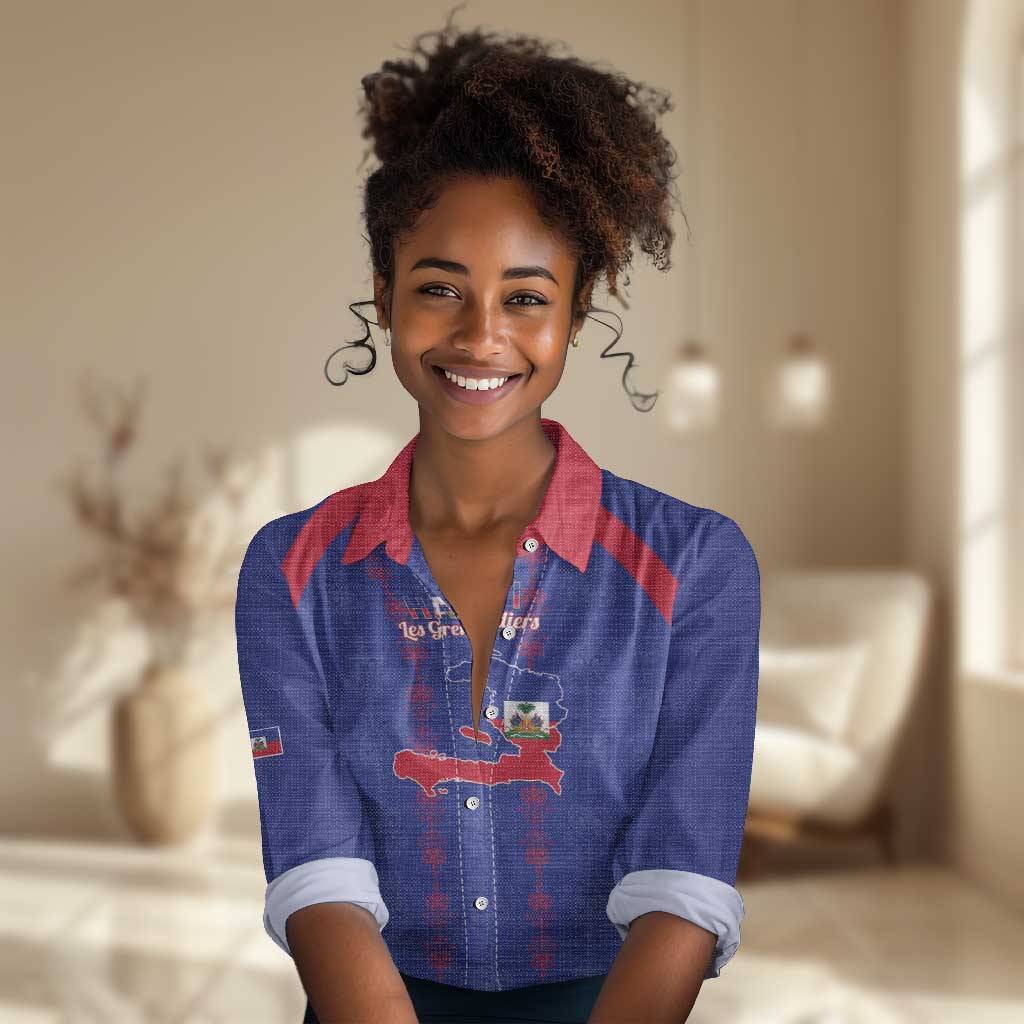 Custom Haiti Football Women Casual Shirt Les Grenadiers Veve Vodou Blue - African Pride