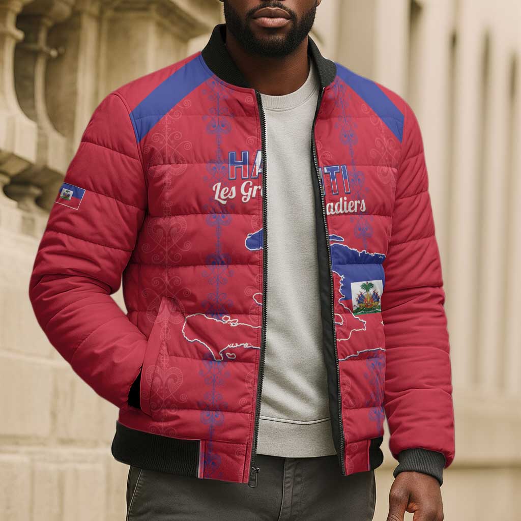 Custom Haiti Football Bomber Puffer Jacket Les Grenadiers Veve Vodou Red