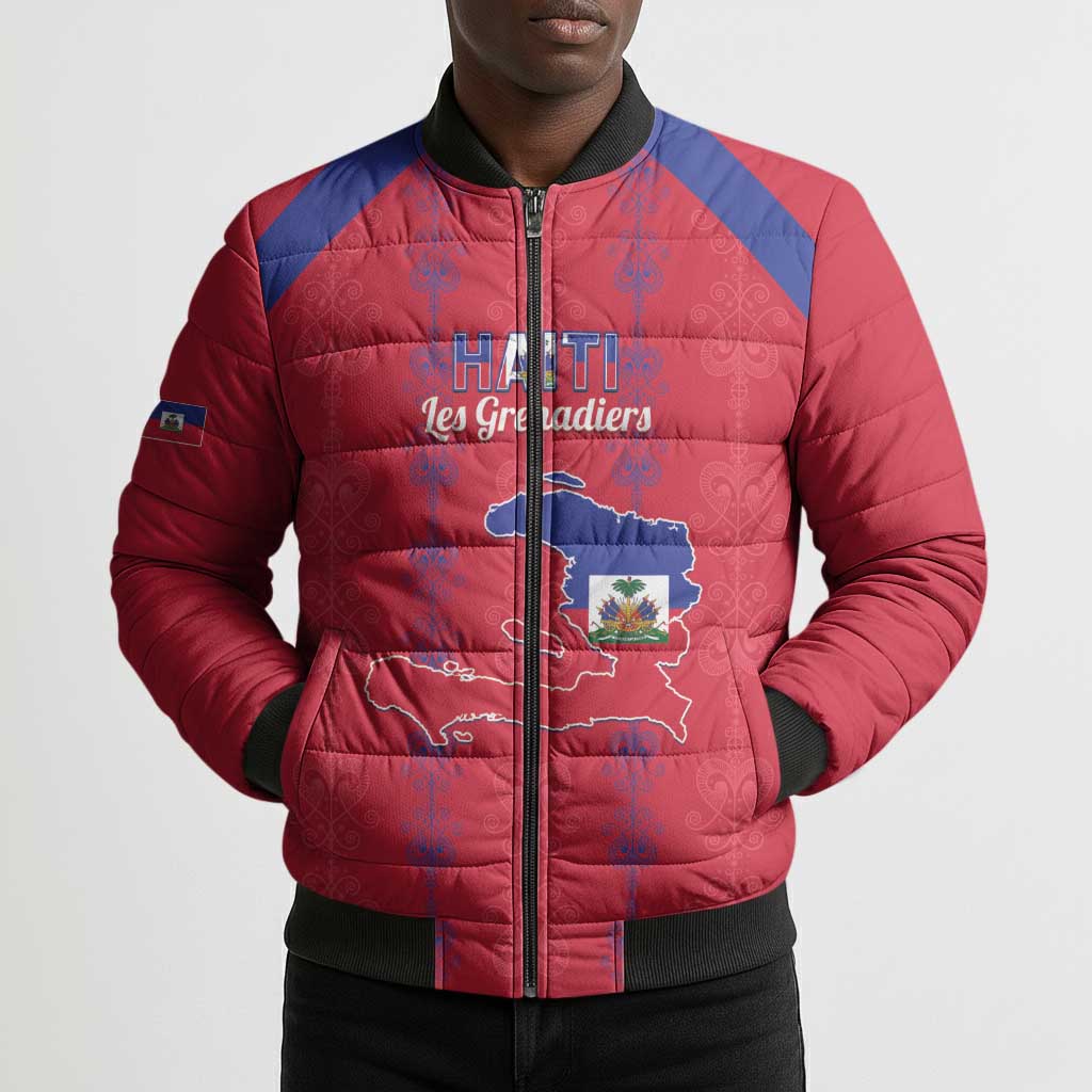 Custom Haiti Football Bomber Puffer Jacket Les Grenadiers Veve Vodou Red