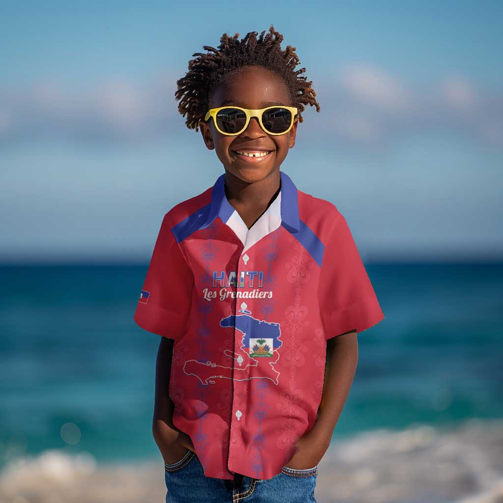 Custom Haiti Football Kid Hawaiian Shirt Les Grenadiers Veve Vodou Red - African Pride