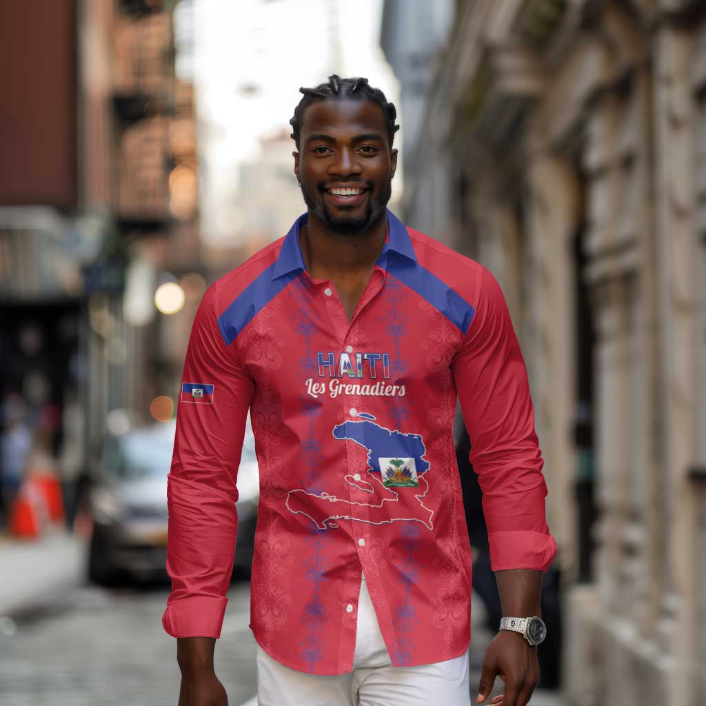 Custom Haiti Football Long Sleeve Button Shirt Les Grenadiers Veve Vodou Red - African Pride