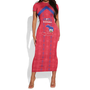 Custom Haiti Football Short Sleeve Bodycon Dress Les Grenadiers Veve Vodou Red - African Pride