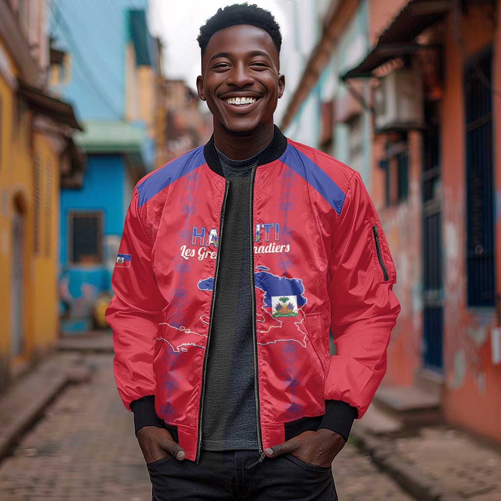 Custom Haiti Football Sleeve Zip Bomber Jacket Les Grenadiers Veve Vodou Red - African Pride