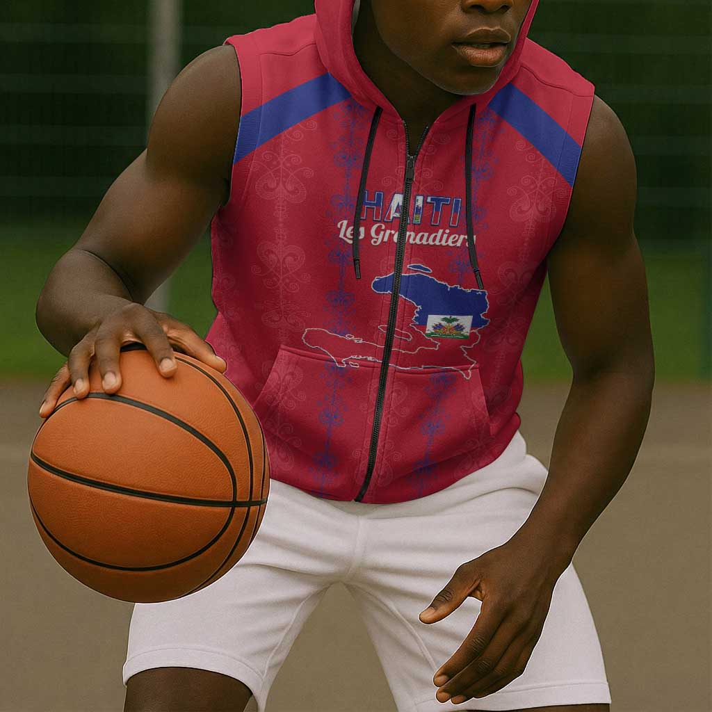 Custom Haiti Football Sleeveless Zip Hoodie Les Grenadiers Veve Vodou Red - African Pride