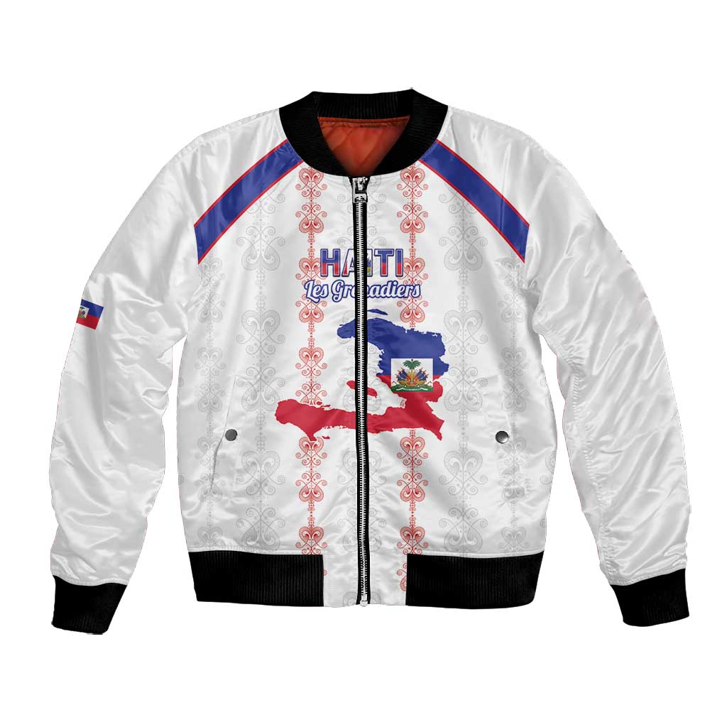 Custom Haiti Football Bomber Jacket Les Grenadiers Veve Vodou White - African Pride