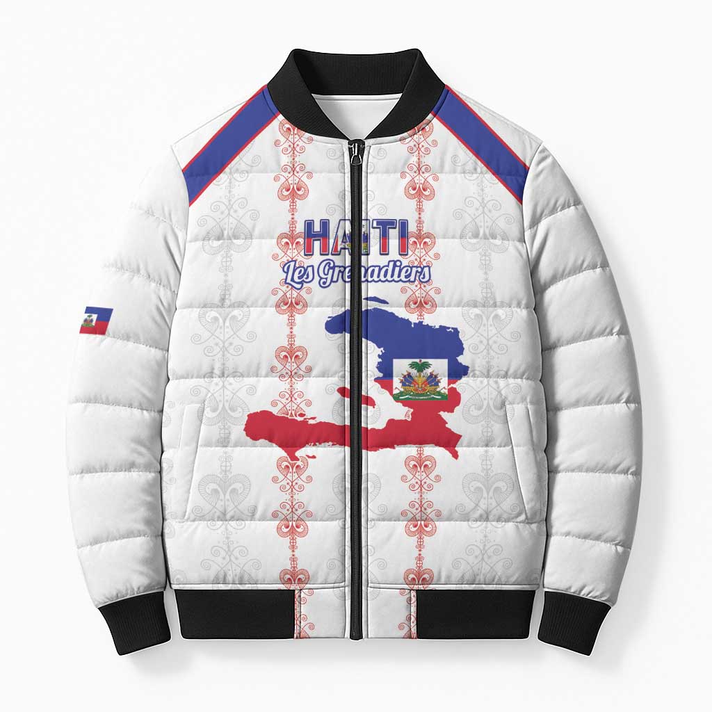 Custom Haiti Football Bomber Puffer Jacket Les Grenadiers Veve Vodou White