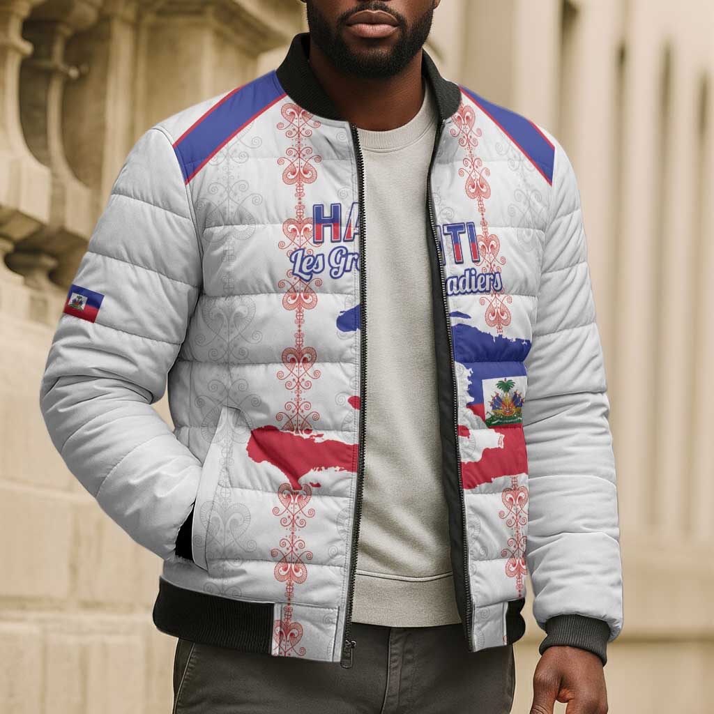 Custom Haiti Football Bomber Puffer Jacket Les Grenadiers Veve Vodou White