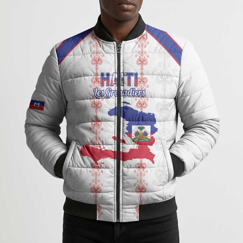 Custom Haiti Football Bomber Puffer Jacket Les Grenadiers Veve Vodou White