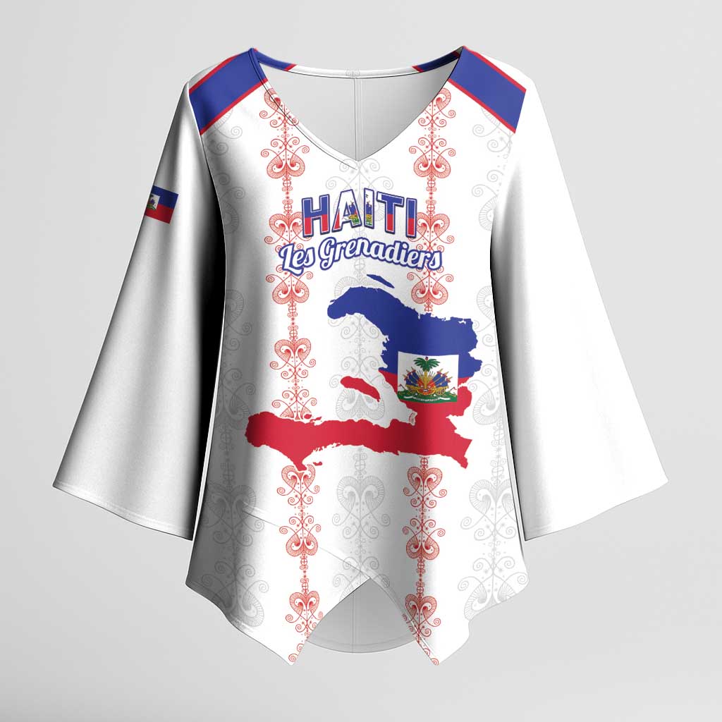 Custom Haiti Football Kimono Sleeve Blouse Les Grenadiers Veve Vodou White