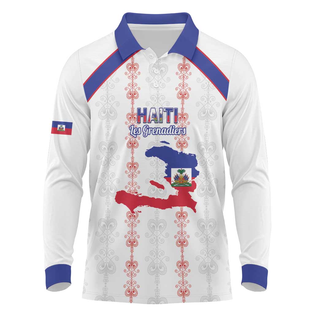 Custom Haiti Football Long Sleeve Polo Shirt Les Grenadiers Veve Vodou White - African Pride