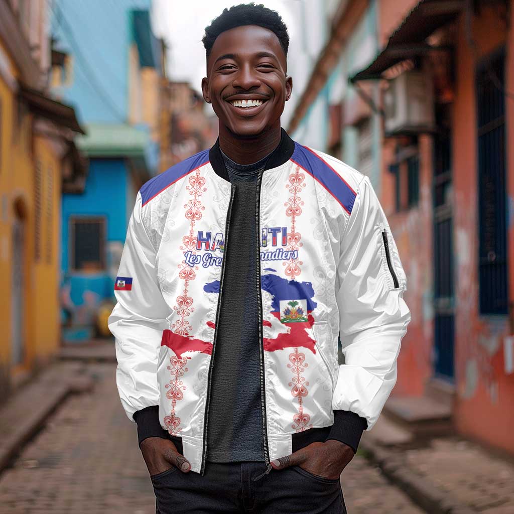 Custom Haiti Football Sleeve Zip Bomber Jacket Les Grenadiers Veve Vodou White - African Pride