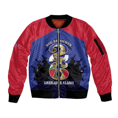 Personalized Les Grenadiers Haiti Football Sleeve Zip Bomber Jacket 2026 Nou Retounen Blue Version - African Pride