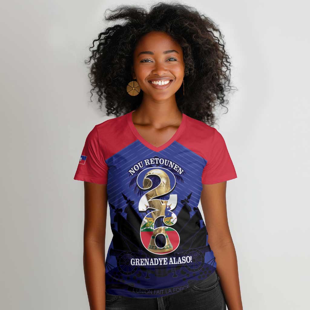 Personalized Les Grenadiers Haiti Football Women V-Neck T-Shirt 2026 Nou Retounen Blue Version LT14