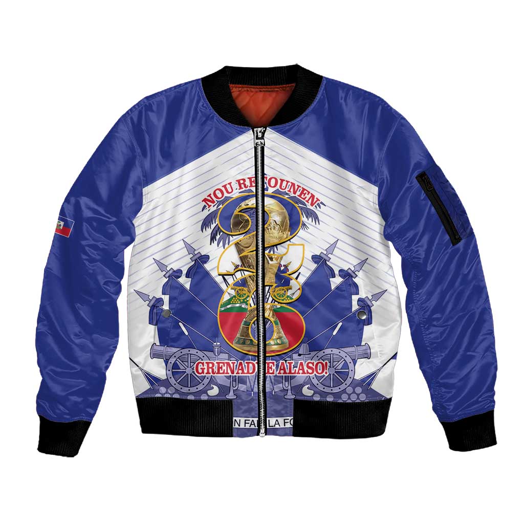 Personalized Les Grenadiers Haiti Football Sleeve Zip Bomber Jacket 2026 Nou Retounen White Version - African Pride
