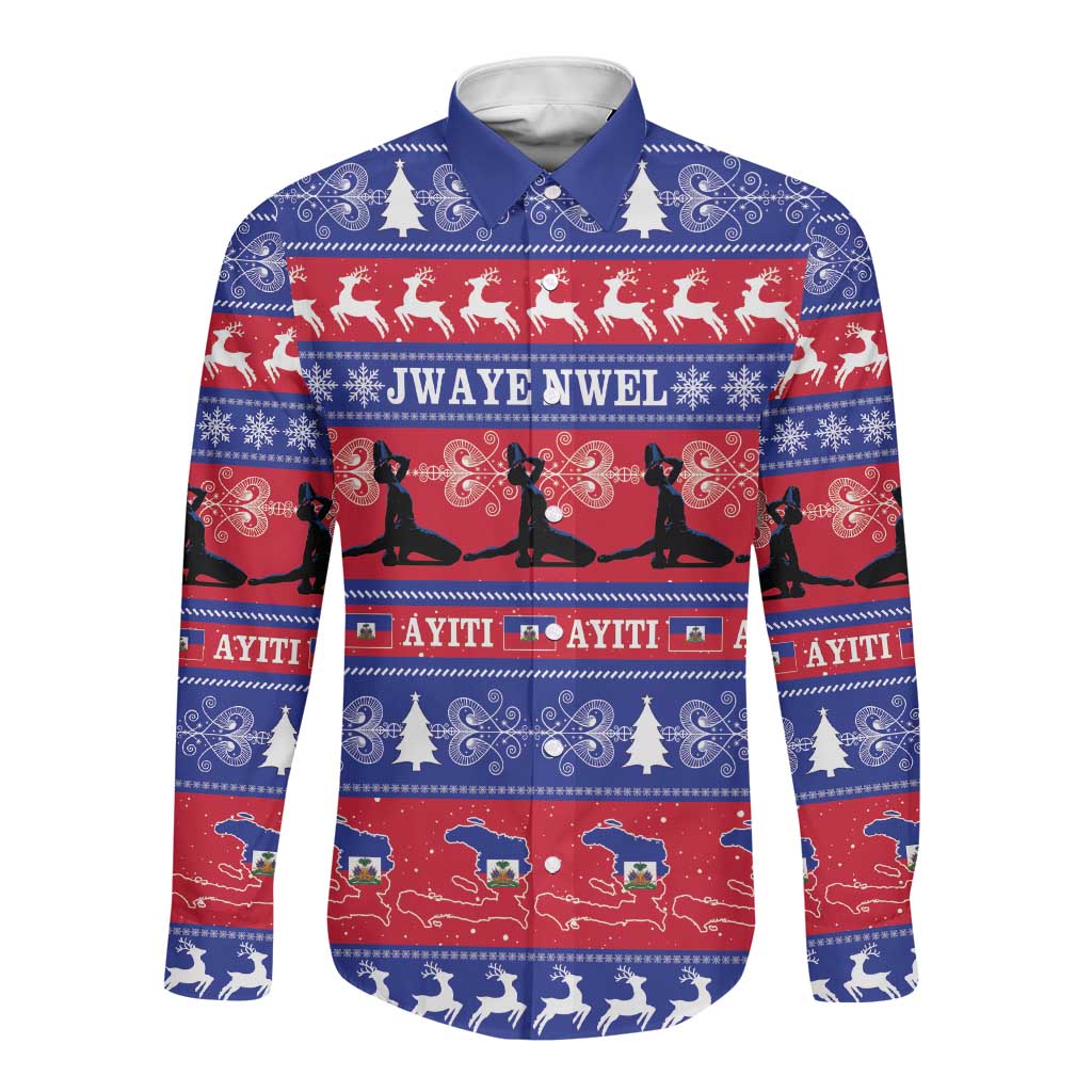 Afro Haiti Christmas Long Sleeve Button Shirt Jwaye Nwel Ayiti Neg Marron Veve Vodou - African Pride