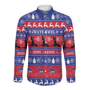 Afro Haiti Christmas Long Sleeve Button Shirt Jwaye Nwel Ayiti Neg Marron Veve Vodou - African Pride