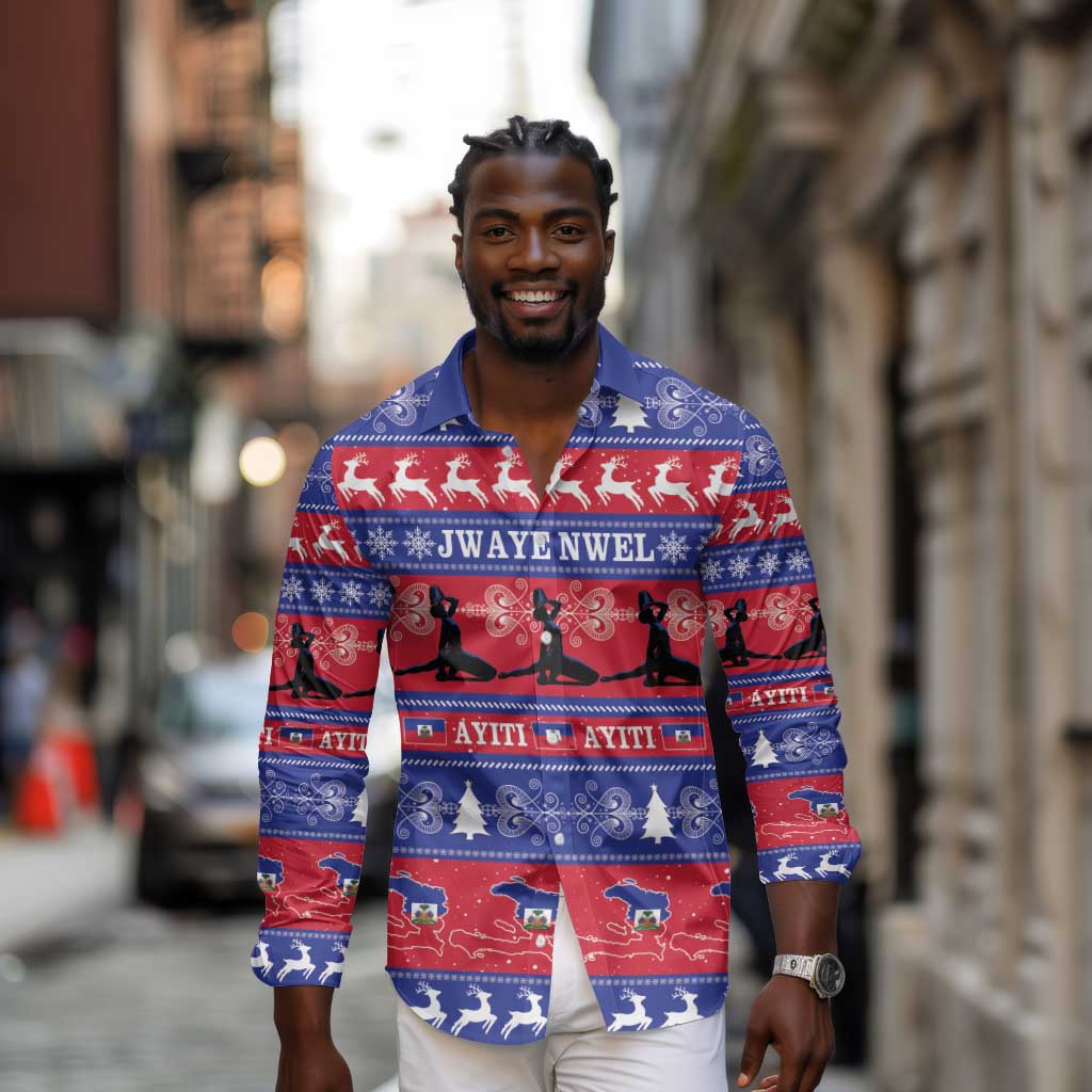 Afro Haiti Christmas Long Sleeve Button Shirt Jwaye Nwel Ayiti Neg Marron Veve Vodou - African Pride