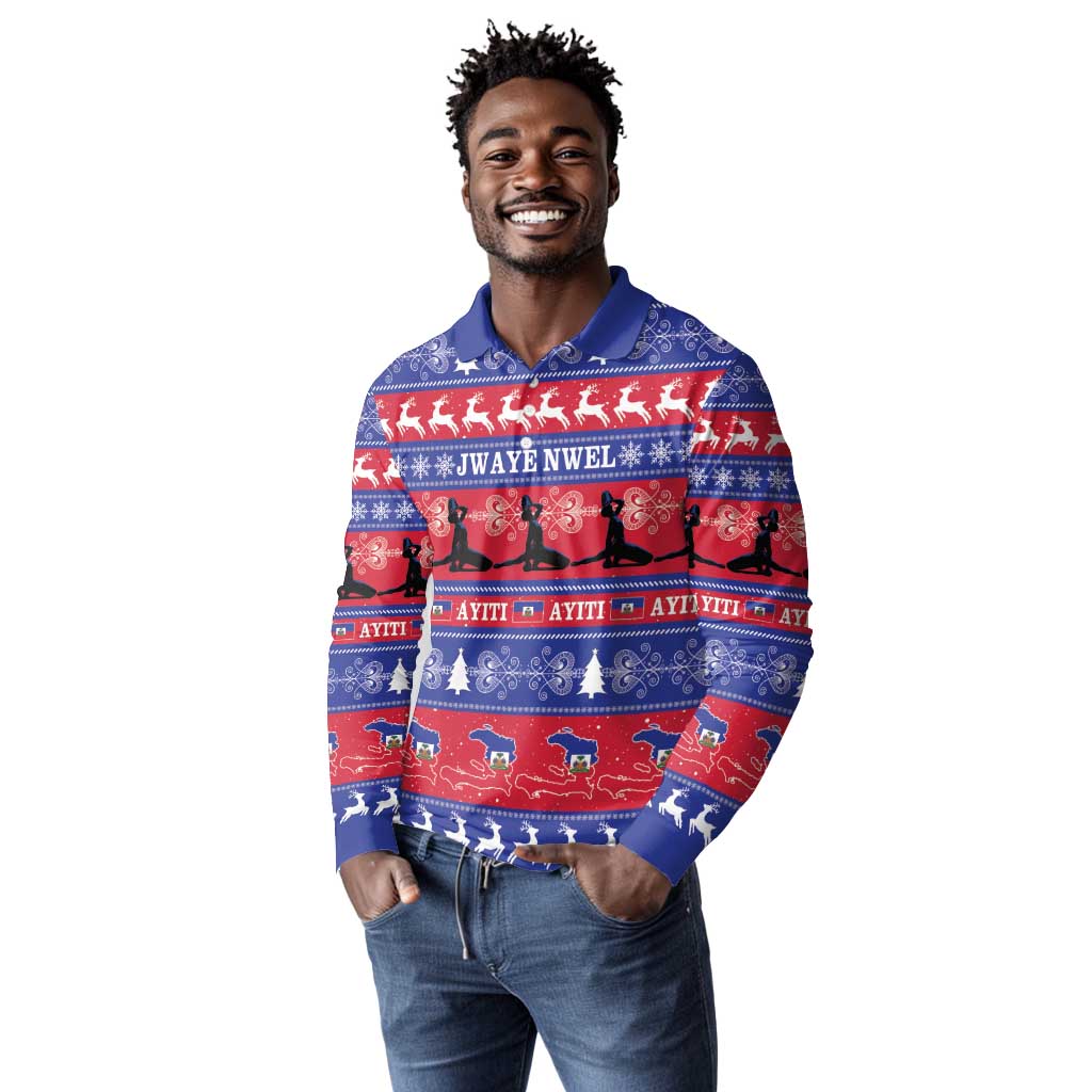 Afro Haiti Christmas Long Sleeve Polo Shirt Jwaye Nwel Ayiti Neg Marron Veve Vodou - African Pride