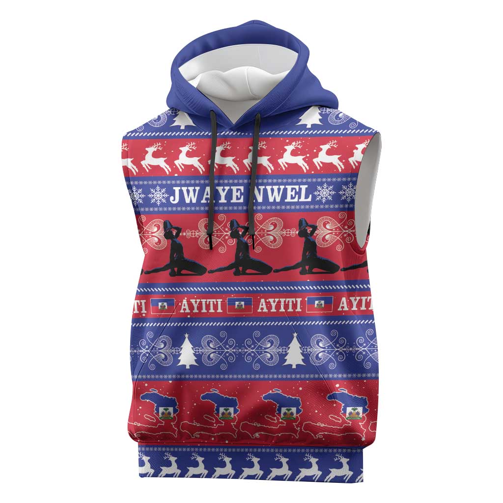Afro Haiti Christmas Sleeveless Hoodie Jwaye Nwel Ayiti Neg Marron Veve Vodou - African Pride