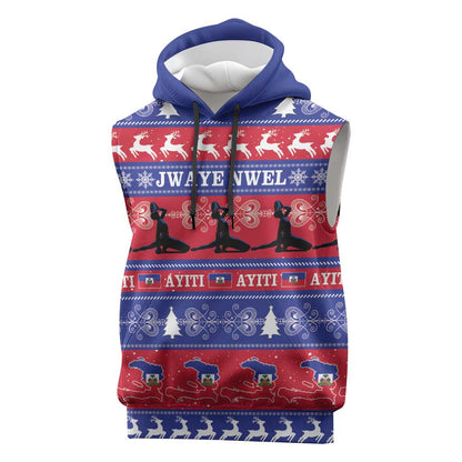 Afro Haiti Christmas Sleeveless Hoodie Jwaye Nwel Ayiti Neg Marron Veve Vodou - African Pride