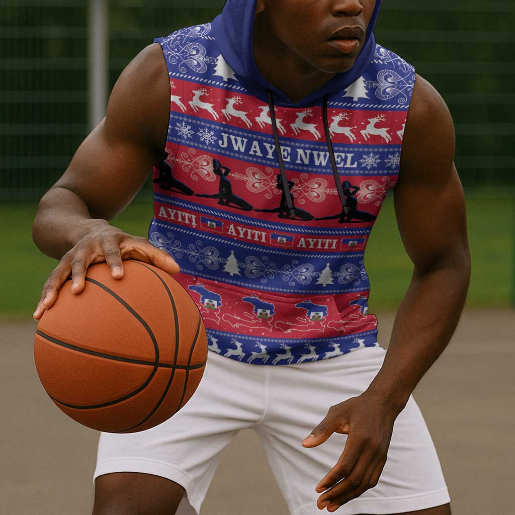 Afro Haiti Christmas Sleeveless Hoodie Jwaye Nwel Ayiti Neg Marron Veve Vodou - African Pride