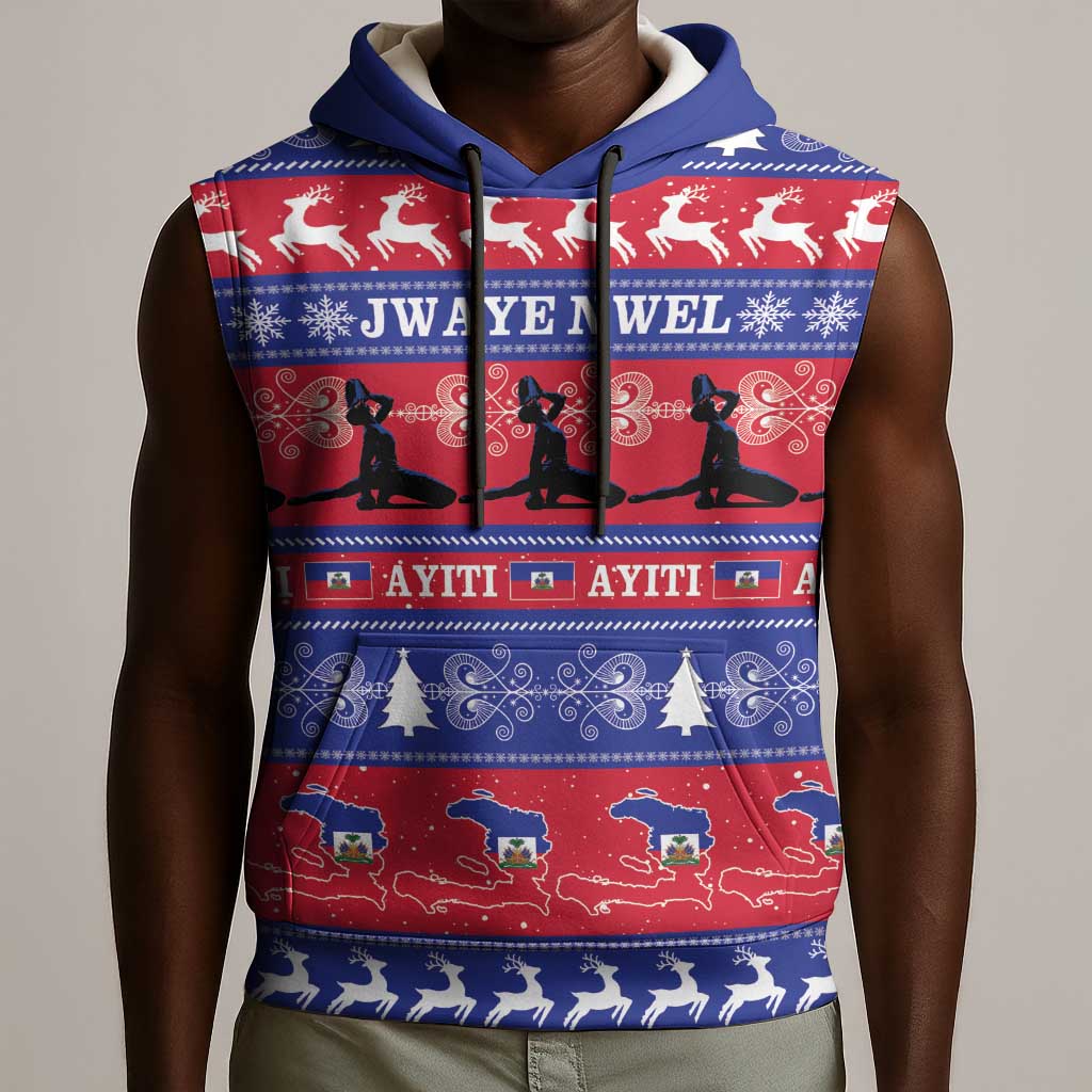 Afro Haiti Christmas Sleeveless Hoodie Jwaye Nwel Ayiti Neg Marron Veve Vodou - African Pride