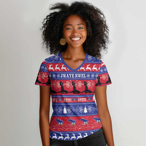 Afro Haiti Christmas Women V-Neck T-Shirt Jwaye Nwel Ayiti Neg Marron Veve Vodou LT14